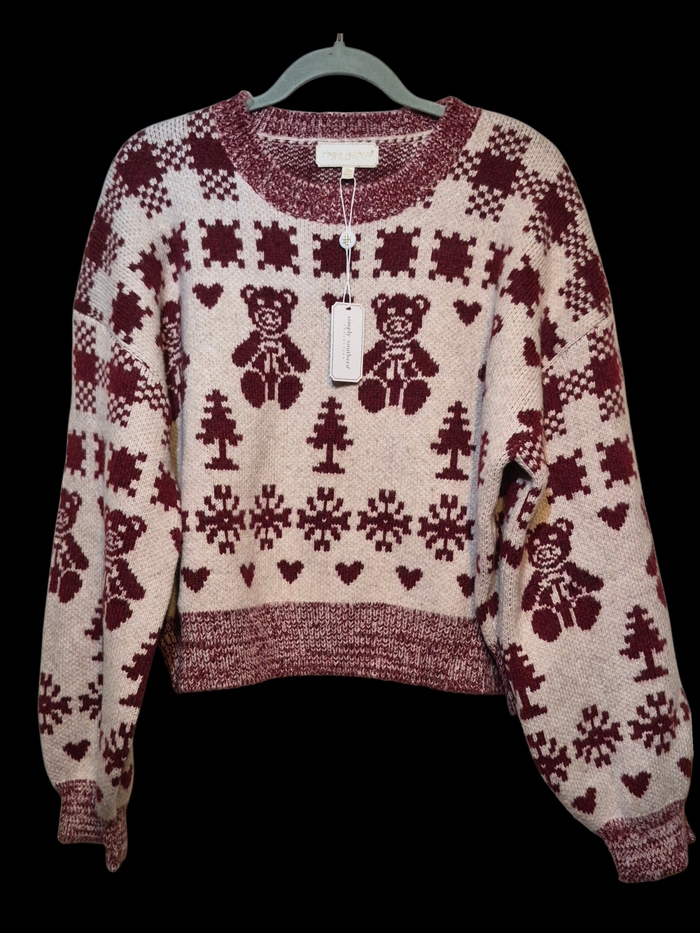 Simply Southern Maroon & Cream Teddy Fair Isle Crewneck Sweater